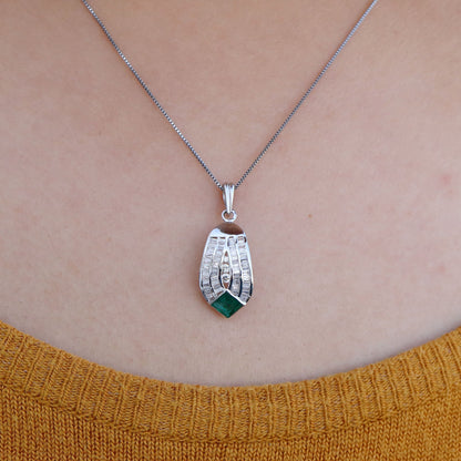 White Princess Cut 0.54 Emerald Tapered Brilliant Round Cut Pendant 14K Gold