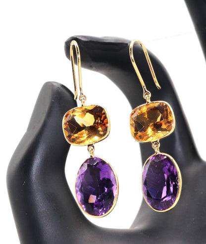 18Kyellow Handmade Citrine Amethyst Hanging Earring Gold