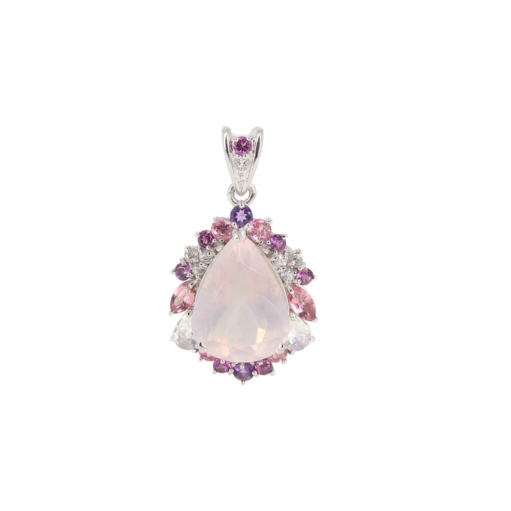 White Rose Quartz Multi Color Tourmaline Pendant 18K Gold