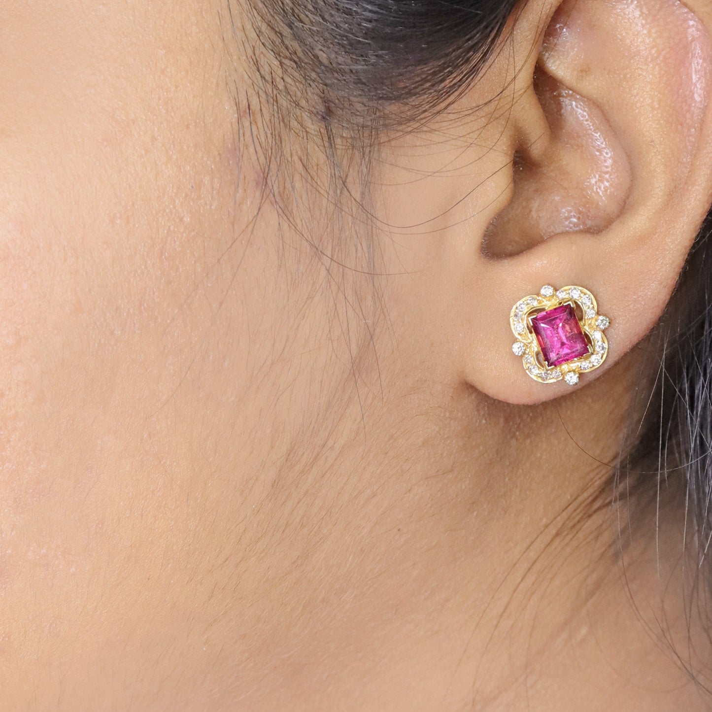 Genuine Pink Tourmaline Tourmaline Gemstone Stud Earring 18K Gold