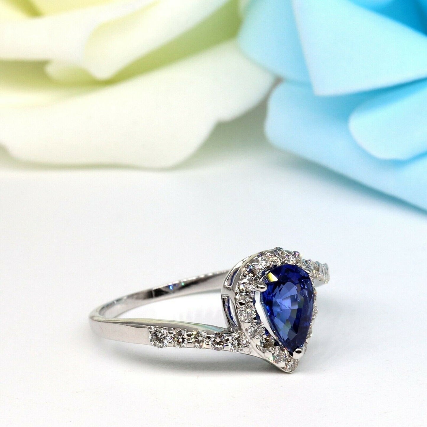 Handmade White Blue Sapphire Pear Ring 18K Gold