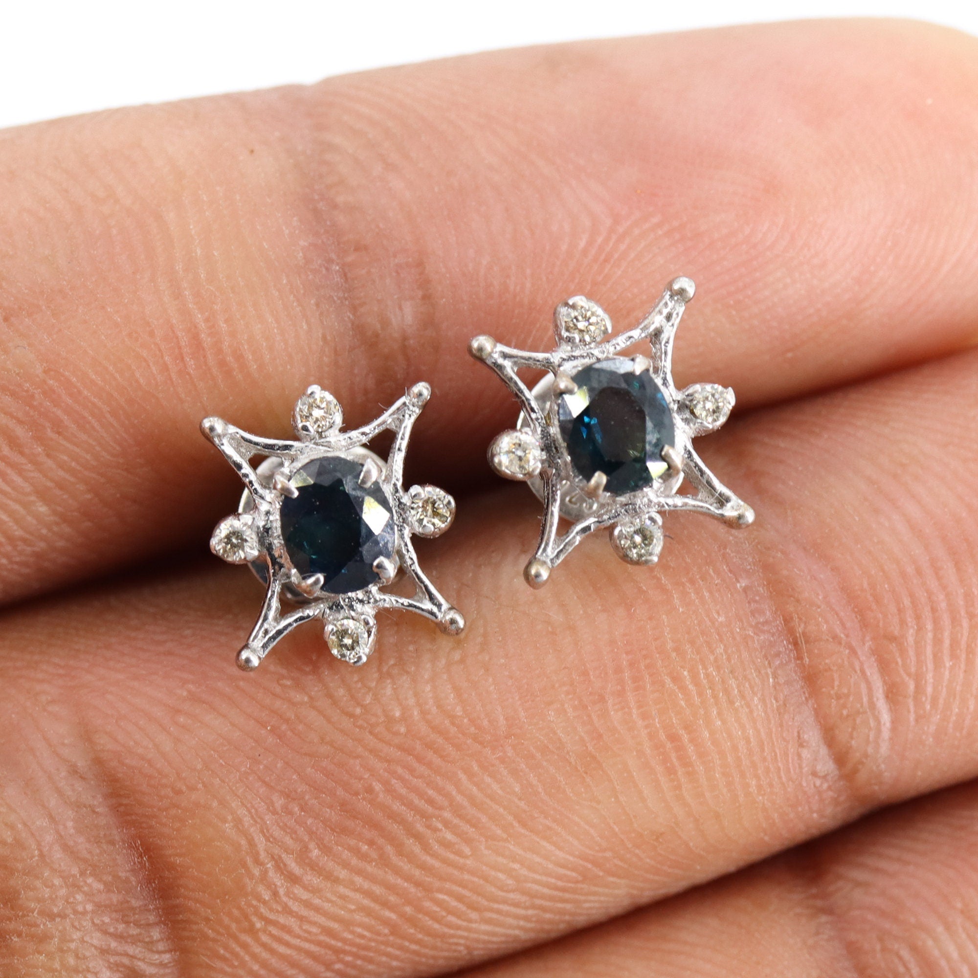 Studs & Blue Sapphire Studs Valentine Oval Cut Stone Handmade Jewellery Dainty Earring Silver