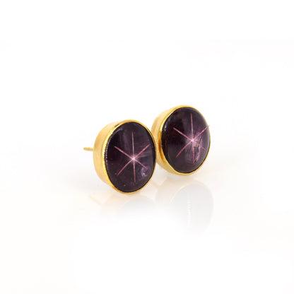 15X12.5Mm Oval Shape Star Ruby Studs Yellow Star Ruby Birth Gemstone Oval Cabochon Bezel Studs 18K Gold
