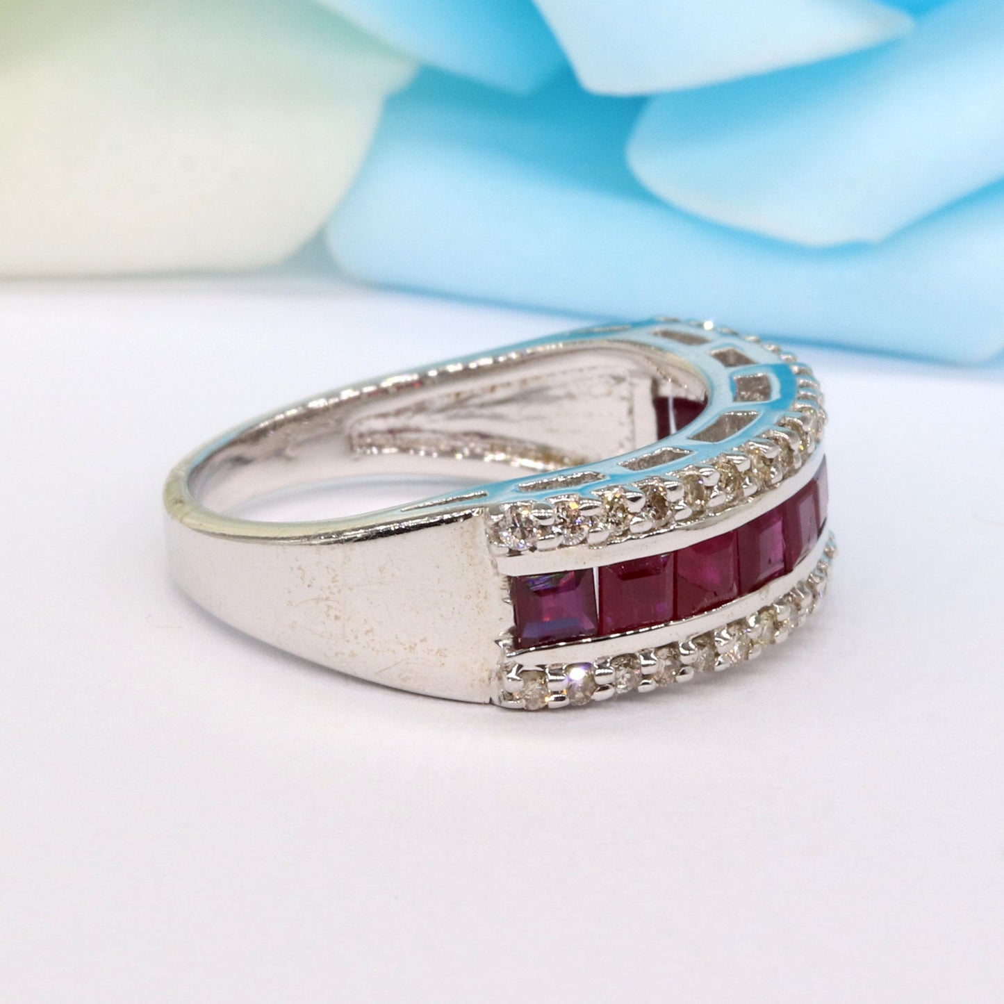 Triple Line Band Ruby Band 925 Sterling White Rhodium Plated Band Ring Silver