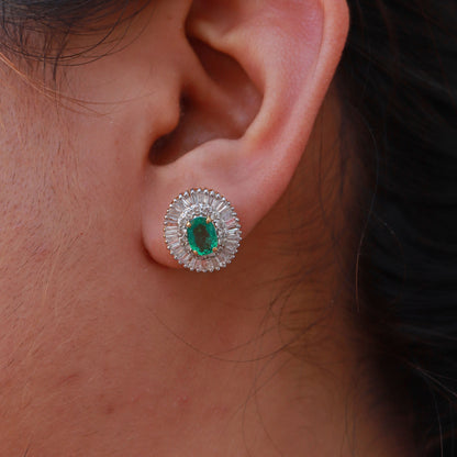 Yellow Studs Oval Cut Emerald & Tapered Baguette Cut Elegant Earring 18K Gold