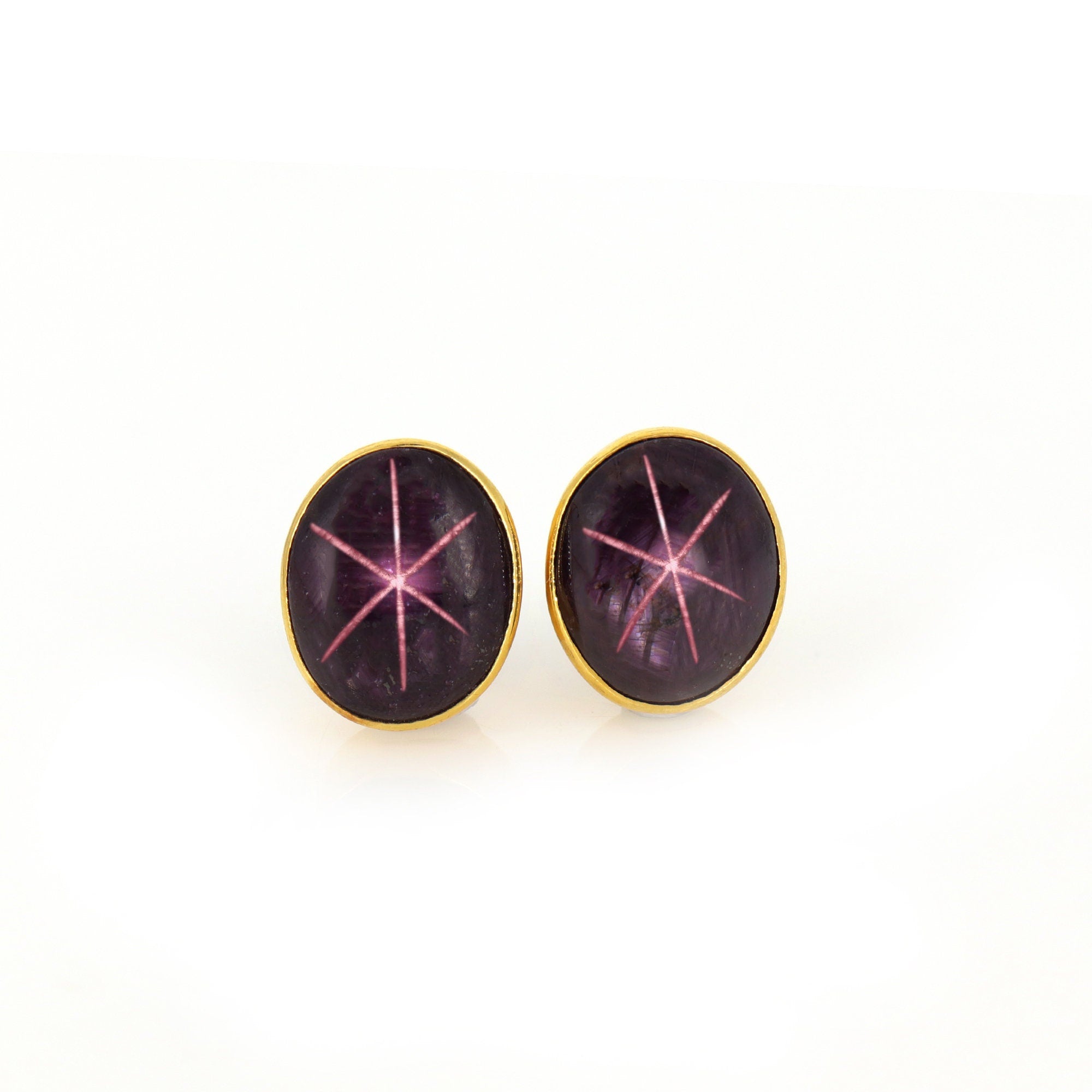 15X12.5Mm Oval Shape Star Ruby Studs Yellow Star Ruby Birth Gemstone Oval Cabochon Bezel Studs 18K Gold