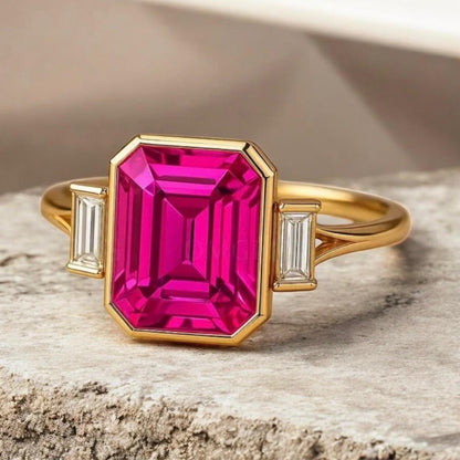 Emerald Cut Pink Sapphire Ring 14K Gold