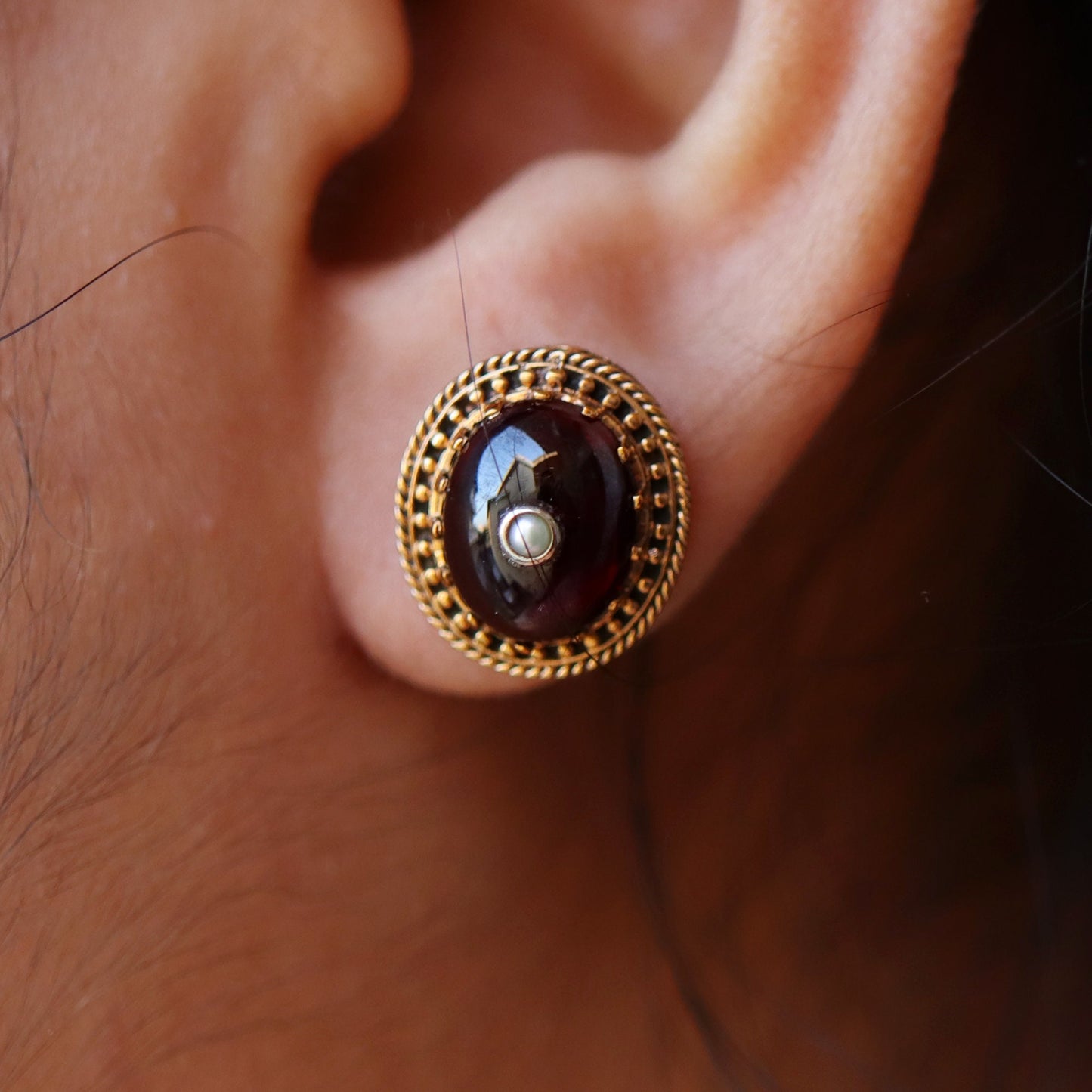 Oval Garnet Gemstone Studs Filigree Studs 9K Yellow Earring Gold