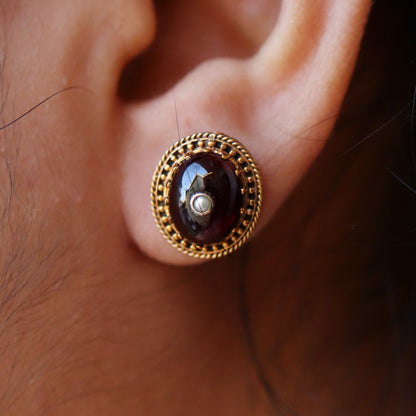 Oval Garnet Gemstone Studs Filigree Studs 9K Yellow Earring Gold