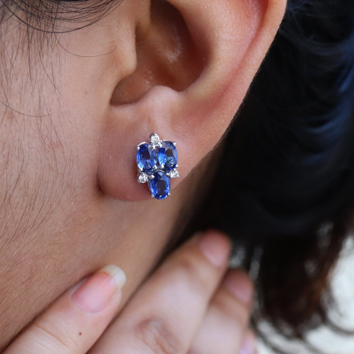 White Studded Blue Sapphire Earring 18K Gold