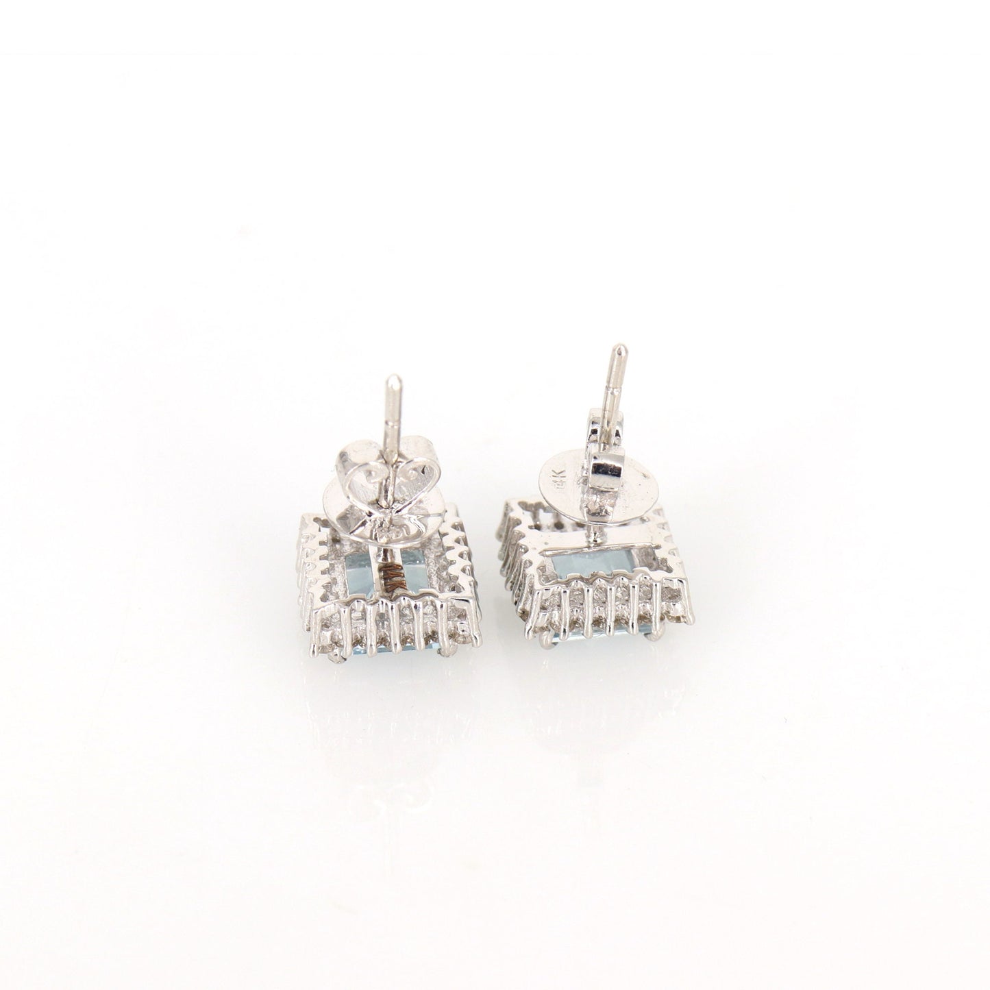 Cluster Studded Princess Cut Aquamarine White Aquamarine White Studs Earring 14K Gold