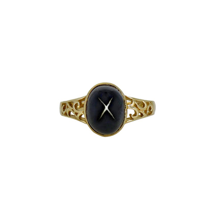 Exquisite Vintage New Yellow Filigree Black Star Ring 14K Gold