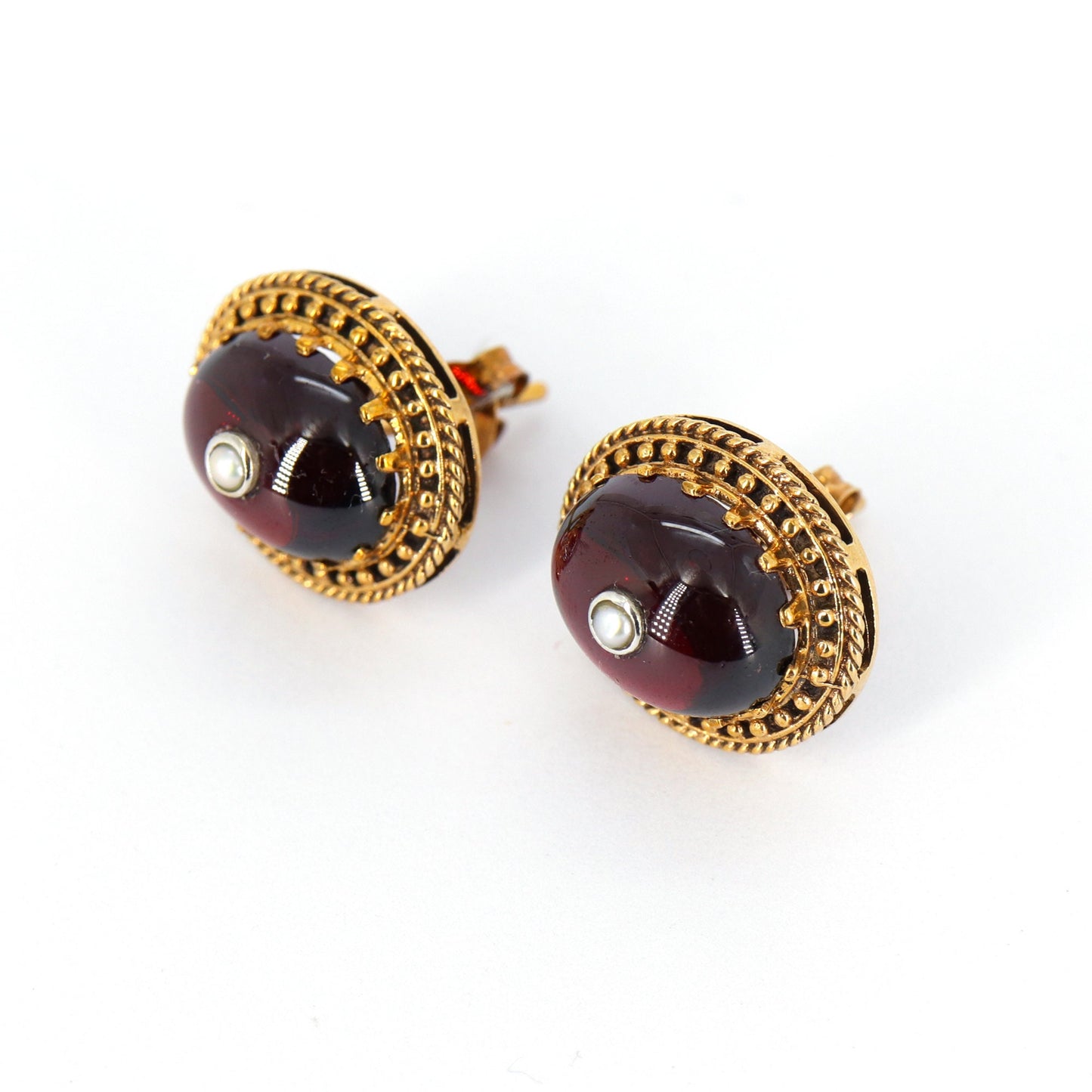 Oval Garnet Gemstone Studs Filigree Studs 9K Yellow Earring Gold