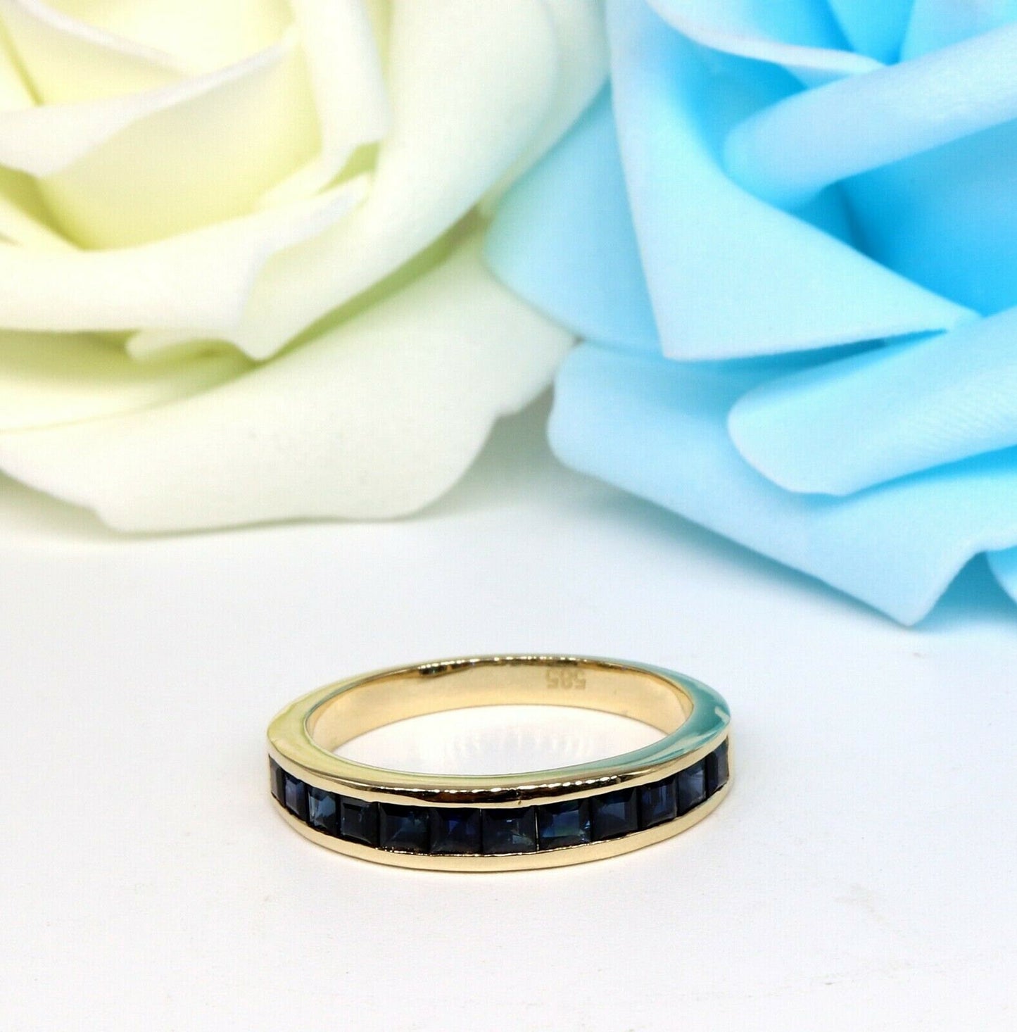 Yellow Blue Sapphire Eternity Band Ring 14K Gold