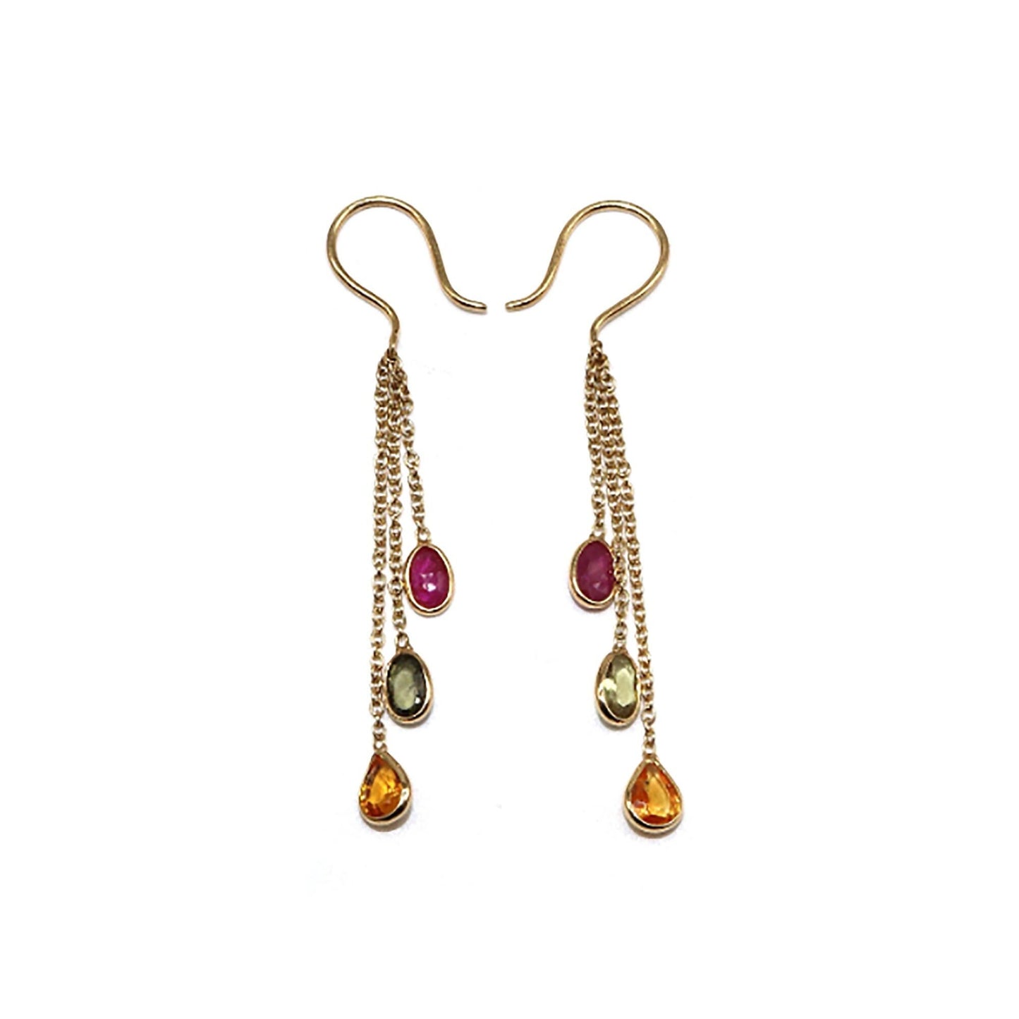 Yellow Handmade Multi Sapphire Ruby Hanging Earring 18K Gold