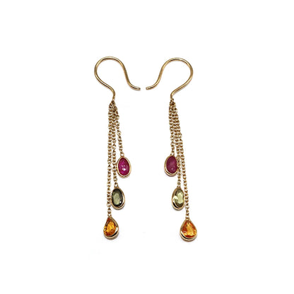 Yellow Handmade Multi Sapphire Ruby Hanging Earring 18K Gold