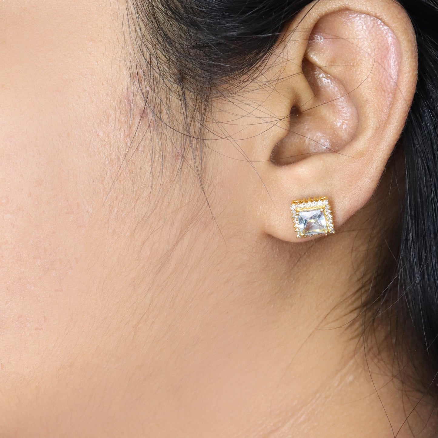 Aquamarine Studs Yellow March Princess Cut Gemstone Earring 14K Gold