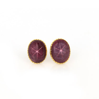 Oval Shape Star Ruby Studs Yellow Star Ruby Gemstone Earring 18K Gold