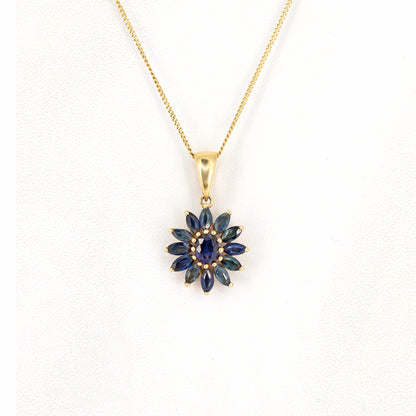 Sunflower Design Sapphire Necklace 14K Gold