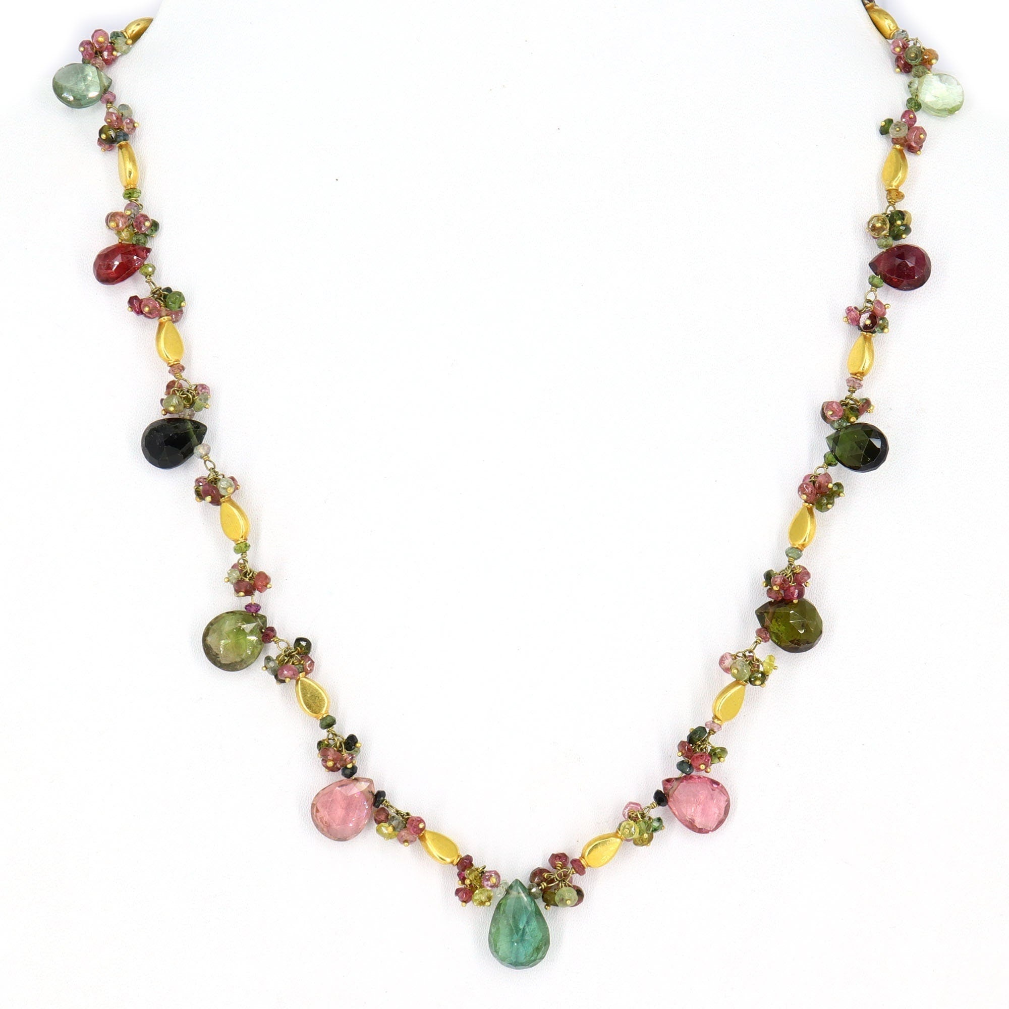 Green Pink Brown Tourmaline Necklace 18K Gold