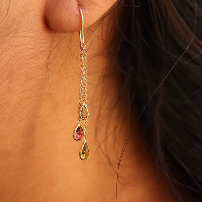 Yellow Handmade Multi Sapphire Ruby Hanging Earring 18K Gold