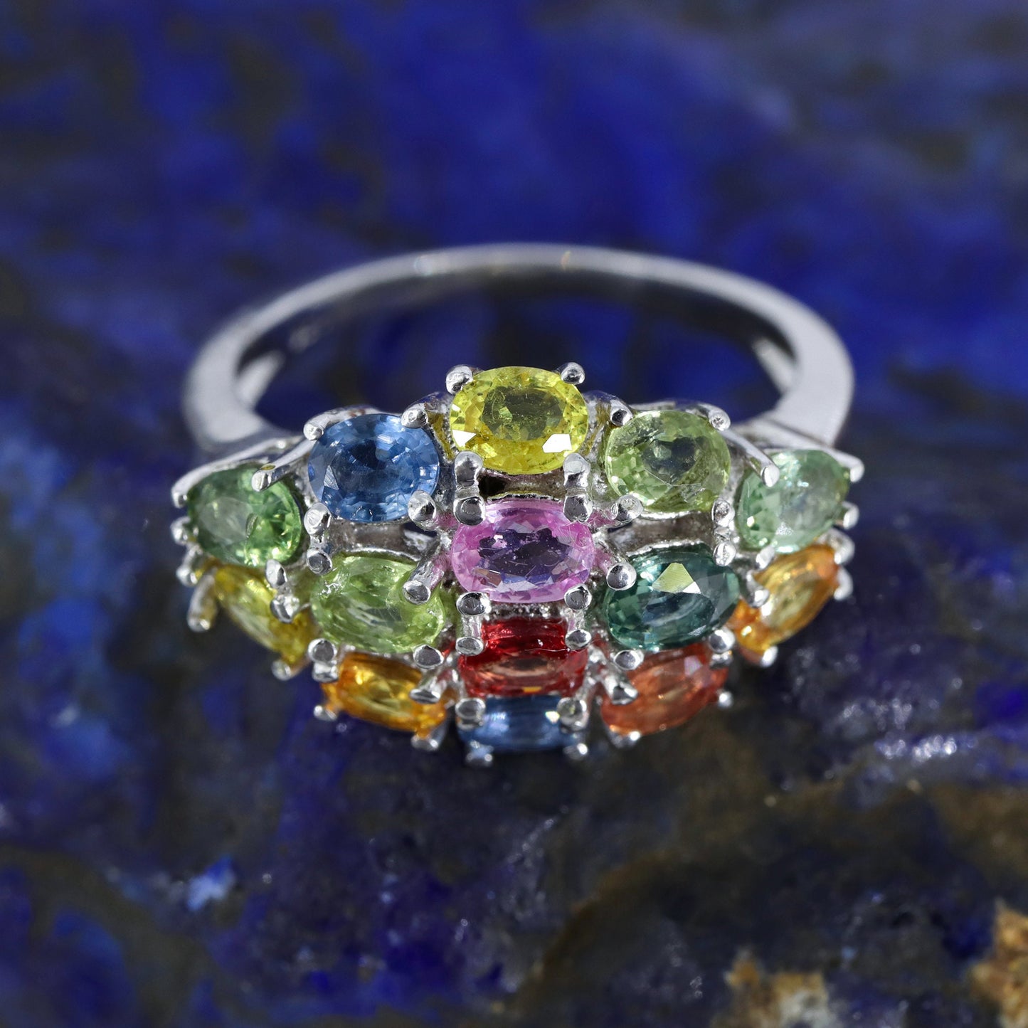 Oval Cut Multi Sapphire Gemstone 925 Sterling Elegant Ring Silver