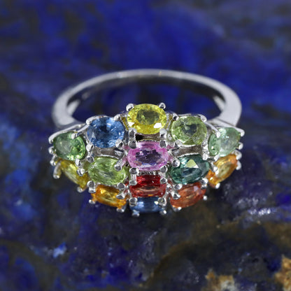 Oval Cut Multi Sapphire Gemstone 925 Sterling Elegant Ring Silver