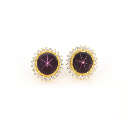 Round Cluster Star Ruby Studs Yellow Earring 18K Gold