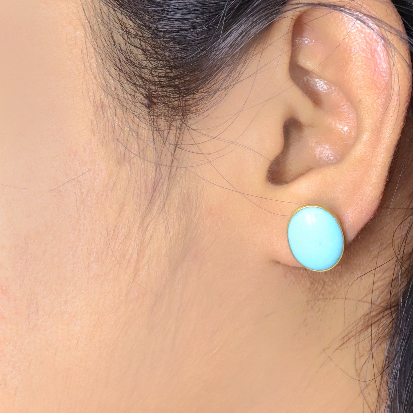 Yellow Cabochon Oval Shape Turquoise Bezel Stud Post Solitaire Fine Gemstone Earring 14K Gold