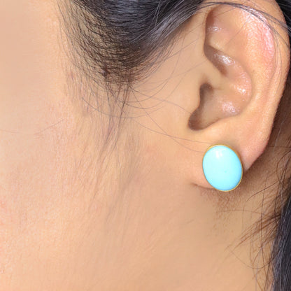 Yellow Cabochon Oval Shape Turquoise Bezel Stud Post Solitaire Fine Gemstone Earring 14K Gold