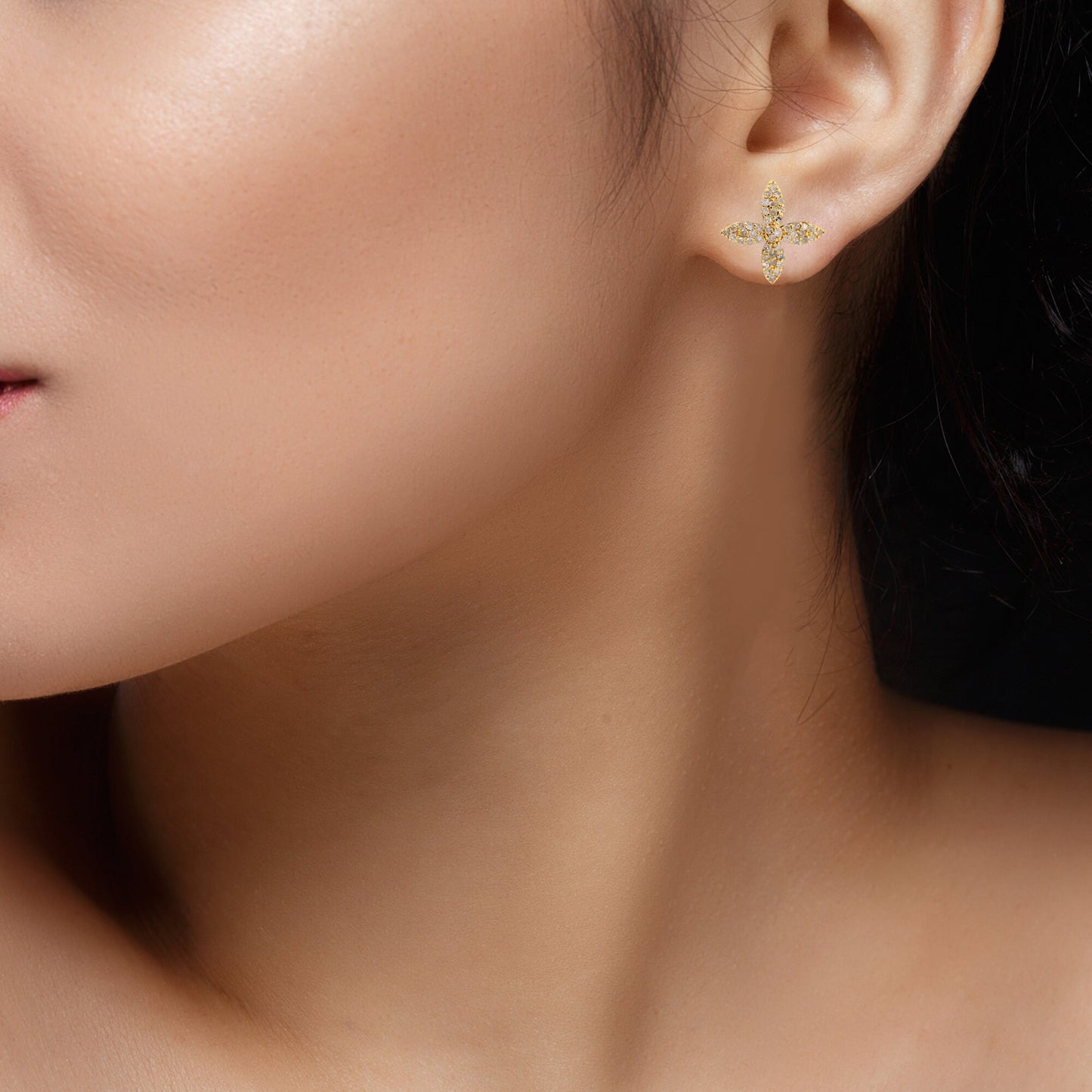Yellow Cross Flower Stud Earring 14K Gold