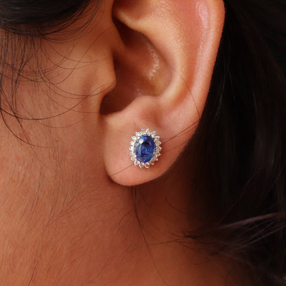 Cluster Studs White Studded Blue Sapphire Earring 14K Gold