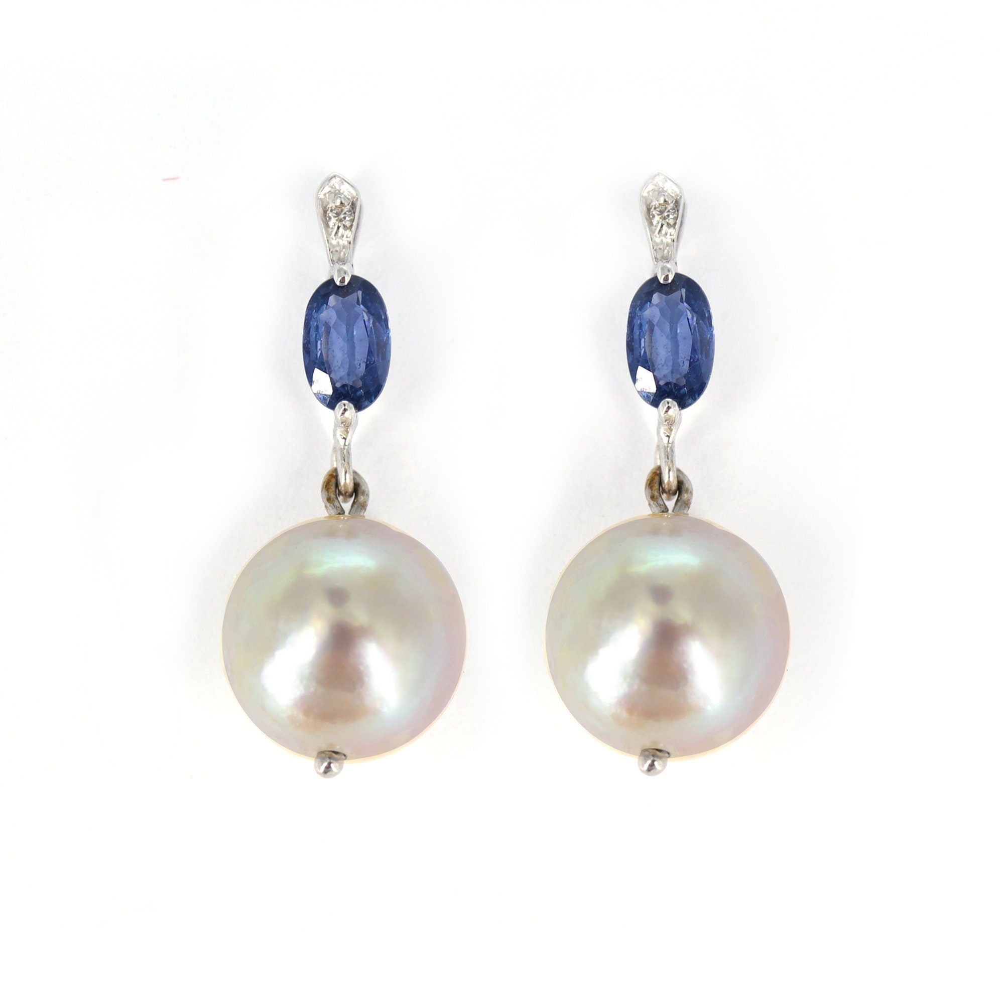 White Studded Blue Sapphire Earring 14K Gold