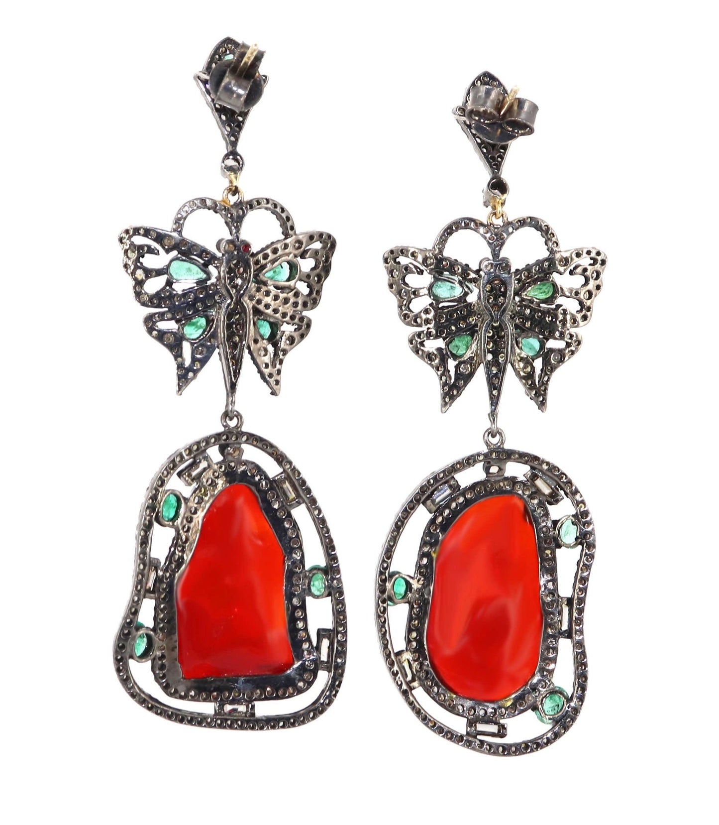 Genuine Fire Opal Emerald Pave Long Dangle Earring