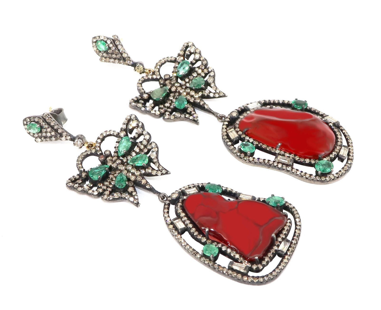 Genuine Fire Opal Emerald Pave Long Dangle Earring