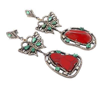 Genuine Fire Opal Emerald Pave Long Dangle Earring