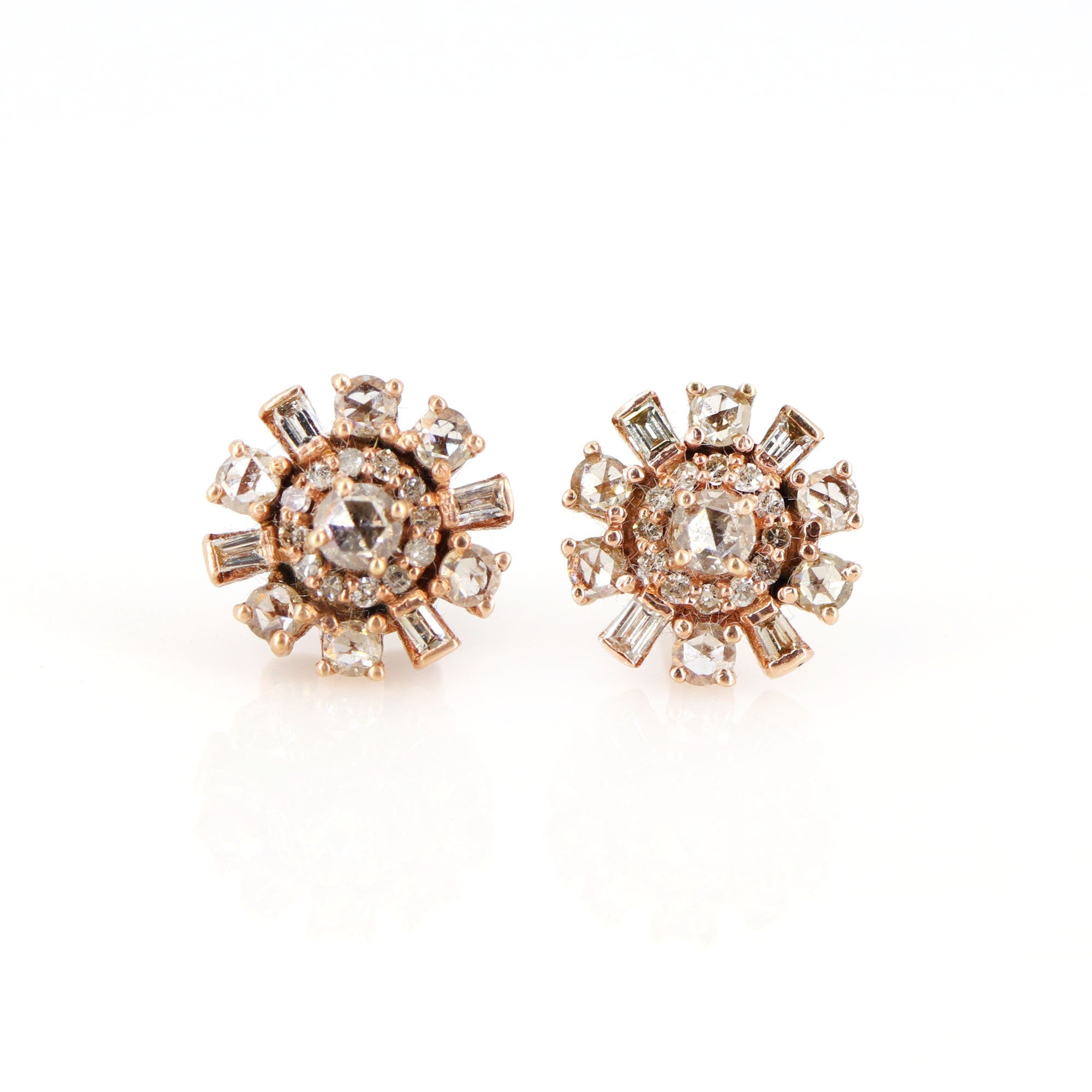 Rose Studs Baguette & Round Cut Rose Studs Real Rose Cut Earring 14K Gold