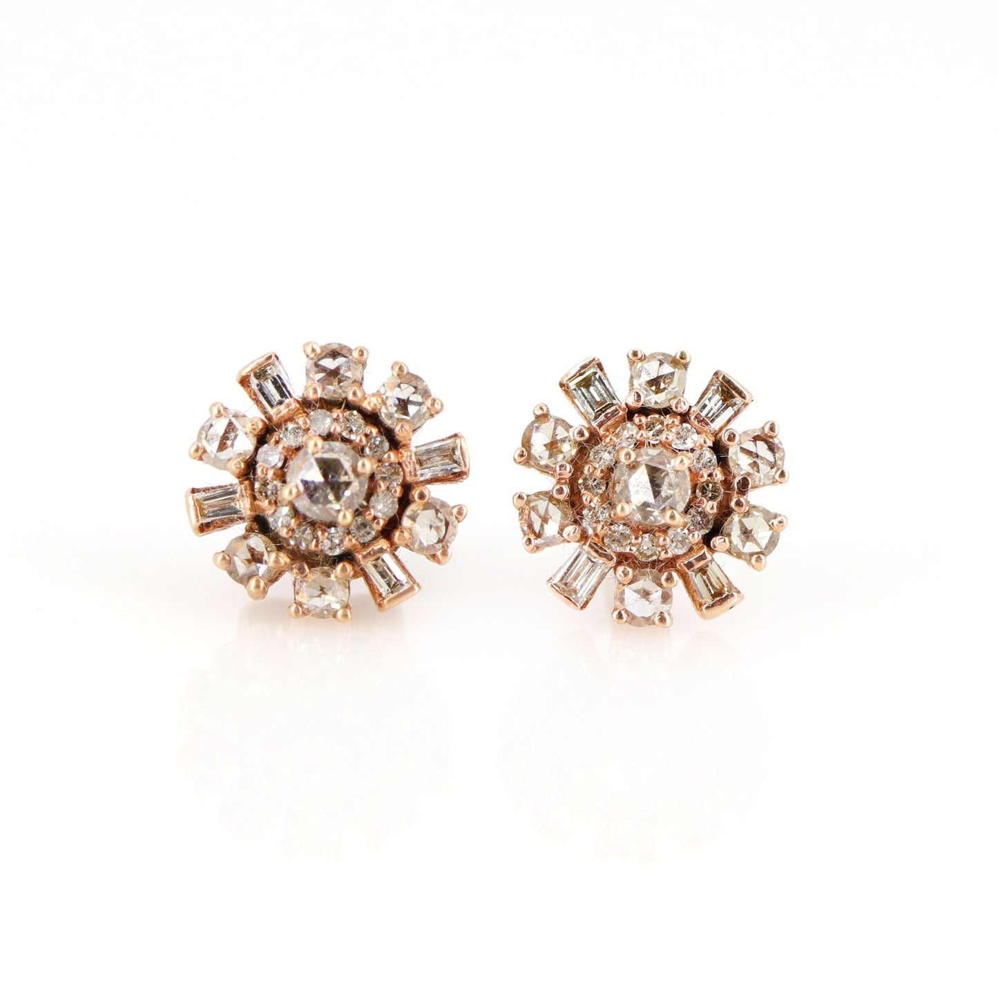 Rose Studs Baguette & Round Cut Rose Studs Real Rose Cut Earring 14K Gold