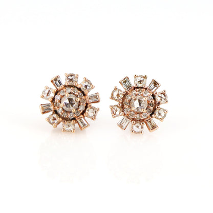 Rose Studs Baguette & Round Cut Rose Studs Real Rose Cut Earring 14K Gold