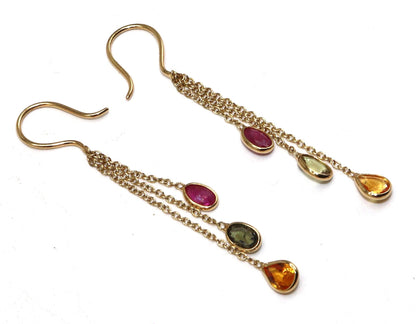 Yellow Handmade Multi Sapphire Ruby Hanging Earring 18K Gold