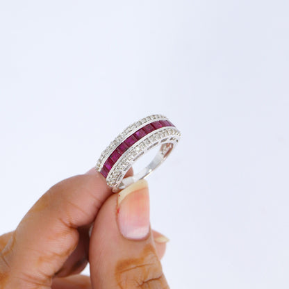 Triple Line Band Ruby Band 925 Sterling White Rhodium Plated Band Ring Silver
