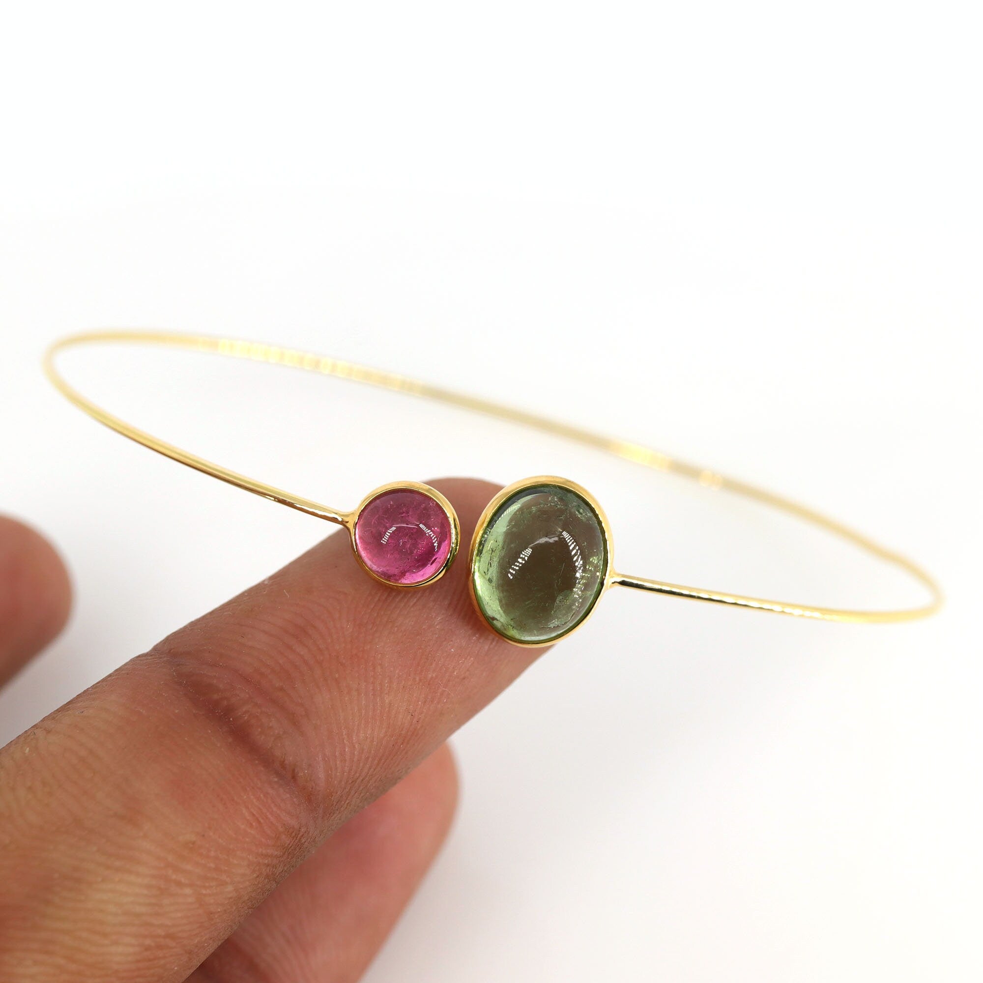 Open Cuff Bangle Flexible Bangle Yellow Bangle Multi Tourmaline Fine Jewelry Anniversary Multi Tourmaline 18K Gold