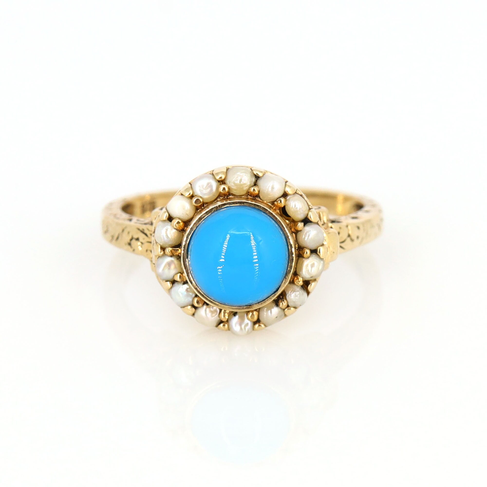 Vintage 9K Pearl & Blue Stone Turquoise Cocktail Ring Gold