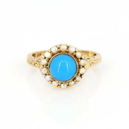 Vintage 9K Pearl & Blue Stone Turquoise Cocktail Ring Gold