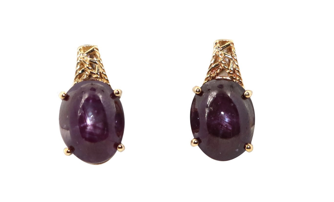 Star Ruby Studs Yellow Certified Genuine Ruby Cabochon Solitaire Earring 14K Gold