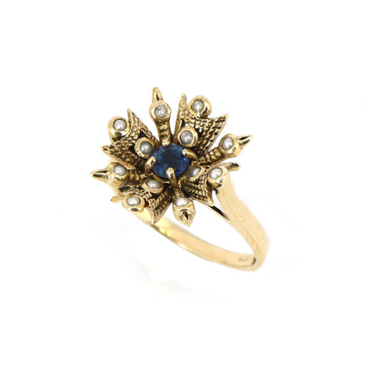 Antique Flower 9K Yellow Baroque Pearl Sapphire Ring Gold