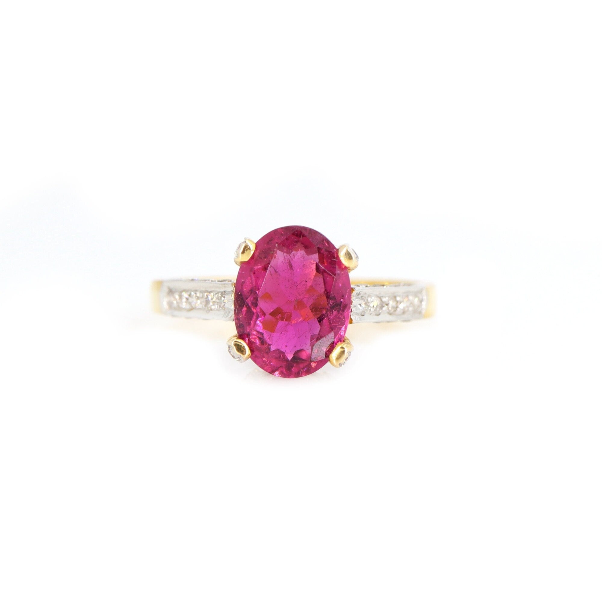 Nice Dark Pink Tourmaline Yellow Ring 18K Gold