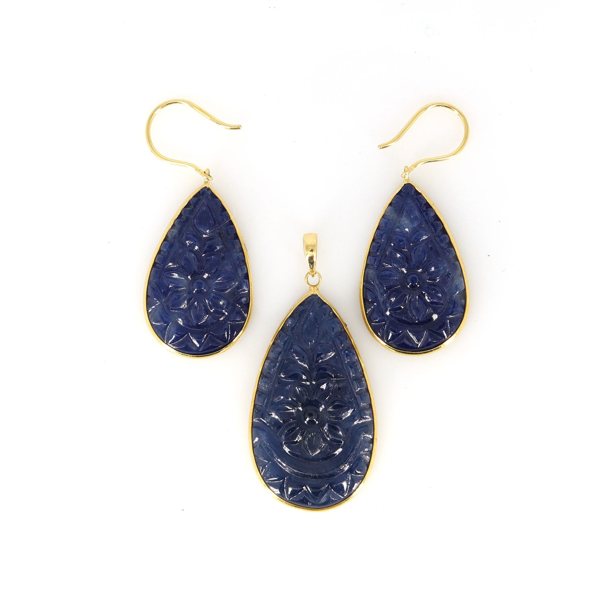 Blue Sapphire Carving Jewelry Women Sapphire Pendant 18K Gold