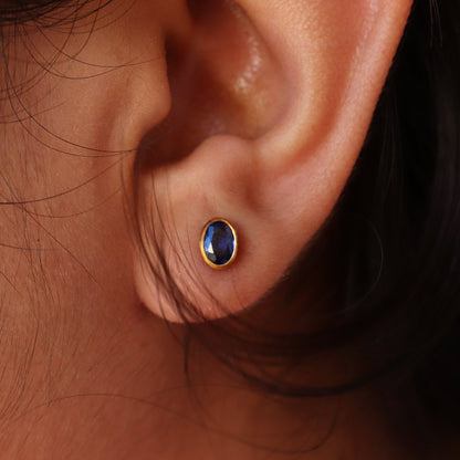 Blue Sapphire Studs Yellow Oval Cut Sapphire Earring 14K Gold