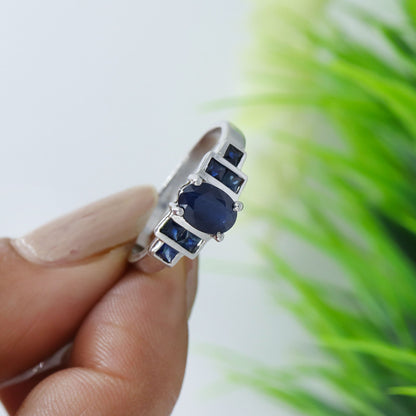 Oval & Square Cut Blue Sapphire 925 Sterling Dainty Ring Silver